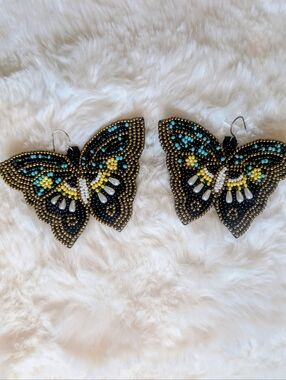 Extra Large Iridescent Beaded Butterfly Statement Earrings